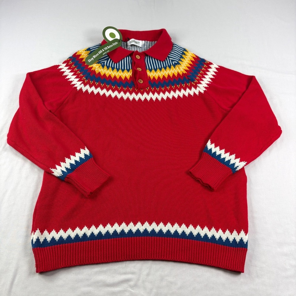Oxknit Sweater Men XL Red Fairl Isle Pullover Nordic Slim Fit Stretch Tennis NEW
